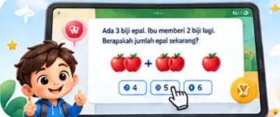 Murid lelaki menunjukkan ibu jari di sebelah tablet yang memaparkan soalan Matematik bergambar epal