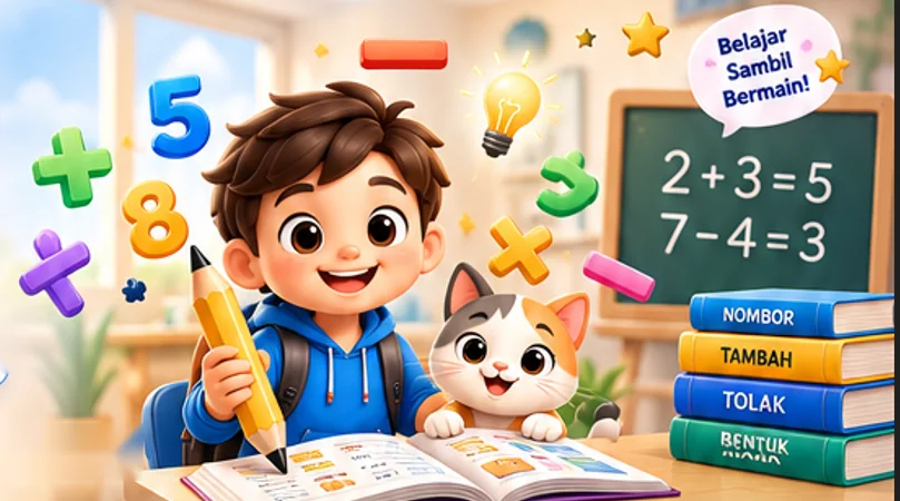 Murid lelaki ceria memegang pensel besar bersama kucing di dalam kelas, dengan papan hitam 2 + 3 = 5 dan buku Nombor, Tambah, Tolak dan Bentuk