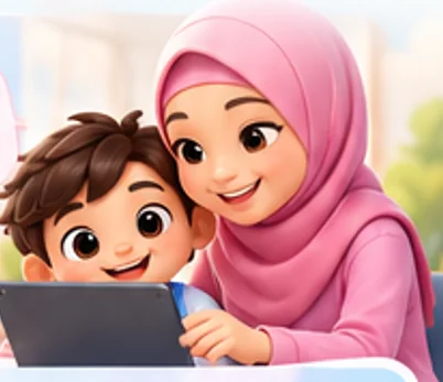 Seorang ibu bertudung tersenyum di sebelah anaknya yang sedang belajar menggunakan tablet